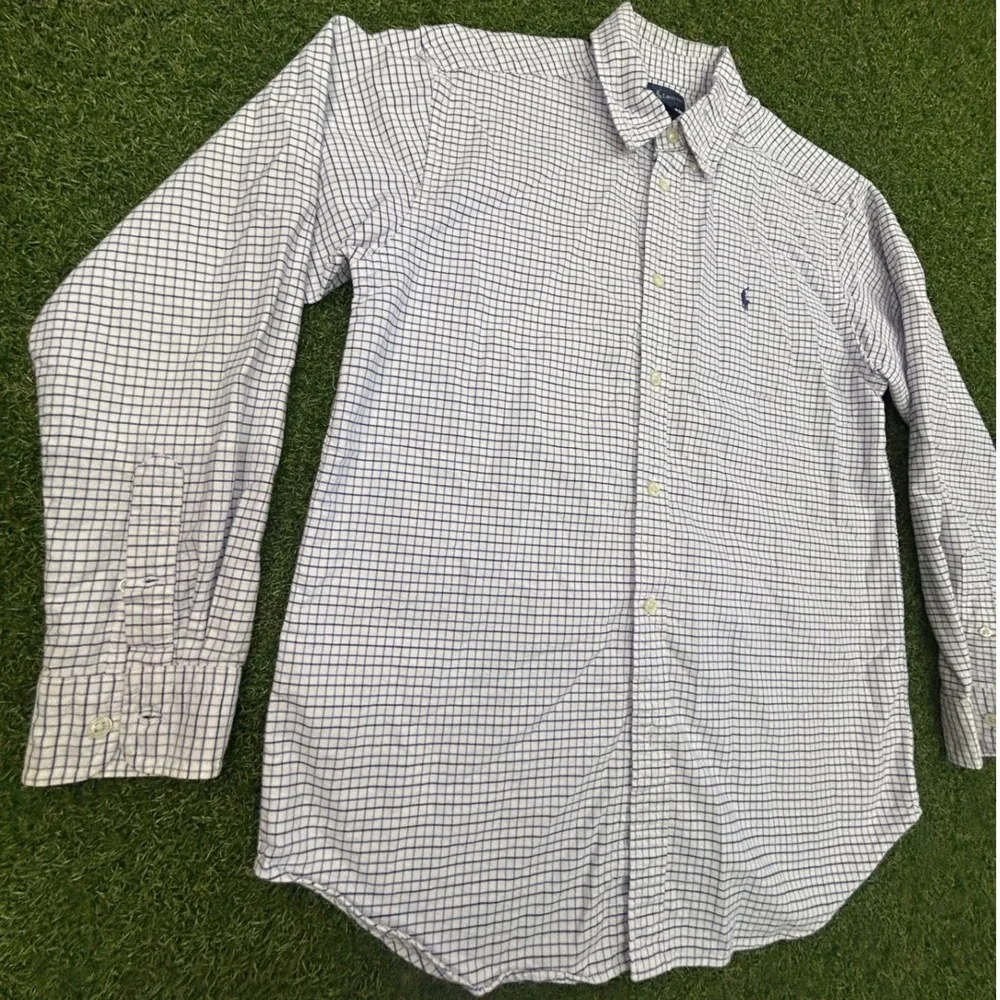 Ralph Lauren Boys Size 18 Blue White Check Long Sleeve Button Down Shirt Cotton